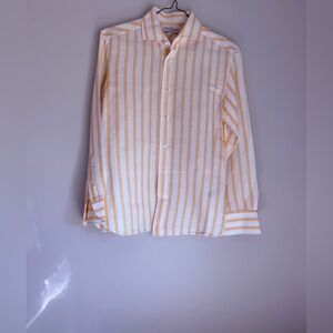 Banana Republic MENS Slim Fit Linen & Cotton Peach & White Striped Shirt